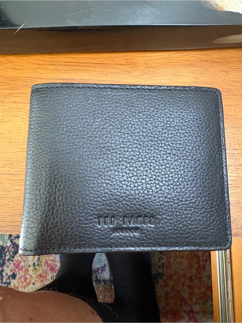 Ted Baker Black Pebbled Leather Bi-Fold Wallet with Debossed Logo